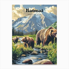 Katmai National Park Retro Digital Travel Art Canvas Print