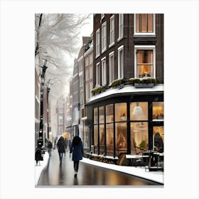 Amsterdam cafes, winter season, Christmas, autumn oil colors, pale colors, pedestrians in the street, winter clothes, falling snow.6 1 Canvas Print