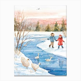 Watercolor Illustration Of A Serene Siberian Park In Winter Featuring A Tranquil Frozen Lake With A Canvas Print