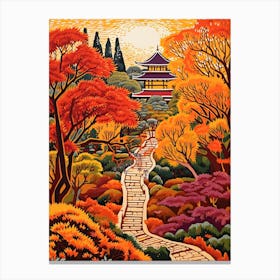 Ryoan Ji Garden, Japan In Autumn Fall Illustration 2 Canvas Print