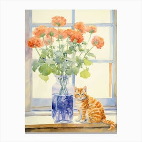 Cat With Geranium Flowers Watercolor Mothers Day Valentines 2 Canvas Print