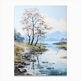 Lake Toya In Hokkaido, Japanese Brush Painting, Ukiyo E, Minimal 3 Canvas Print
