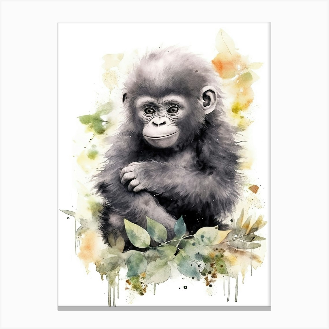 Baby Gorilla Watercolor Art, Safari Nursery Decor