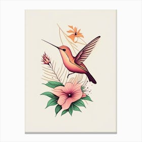Hummingbird Surrounded By Flowers Retro Minimal Canvas Print