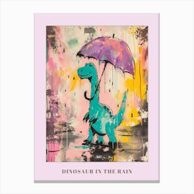 Dinosaur In The Rain Holding An Umbrella Teal Purple 2 Poster Canvas Print