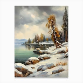 Ancient landscapes, old winter oil paintings and rocks around the lake bank. Snow is falling on the lake, old colors.10 Canvas Print