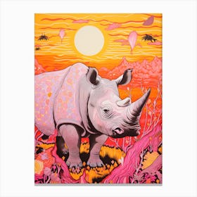 Floral Abstract Orange Linocut Inspired Rhino 2 Canvas Print