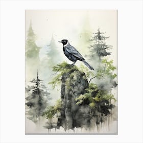 Black Bird, Japanese Brush Painting, Ukiyo E, Minimal 2 Canvas Print