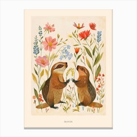 Folksy Floral Animal Drawing Beaver 4 Poster Canvas Print