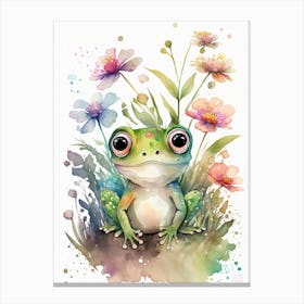 Frog And Flowers Watercolor Canvas Print