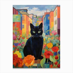 Black Cat In The Flower Garden Canvas Print