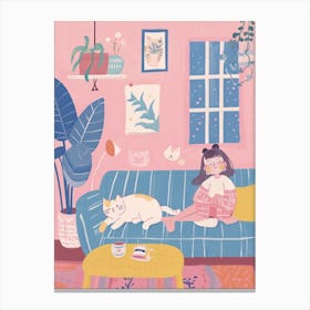 Girl In The Sofa With Pets Tv Lo Fi Kawaii Illustration 7 Canvas Print