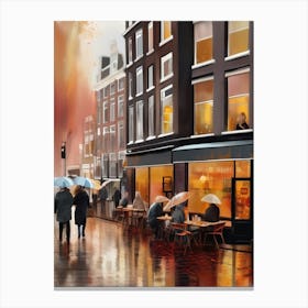 Amsterdam cafes, autumn season, rain, autumn oil colours.Faded colours,People passing on the street, winter clothes, rain umbrellas.4 1 Canvas Print