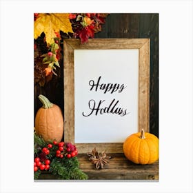 Cursive Calligraphy Depicting Happy Holidays Nestled Among A Vintage Wood Framed Composition Feat (3) Canvas Print