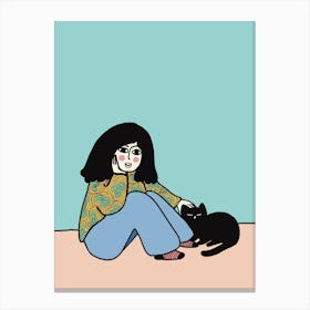 Girl And Black Cat Canvas Print