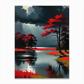 Red Trees By The Lake Canvas Print