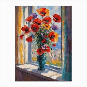 Poppies in a Vase by the Window in the Style of Matisse, Vibrant Colorful Oil Painting For Feature Wall Decor High Resolution Beautiful 1 Canvas Print