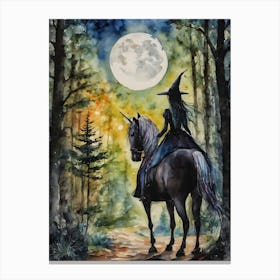 A Witch and her Dark Unicorn ~ Witchy Gothic Spooky Fairytale Watercolour  Canvas Print