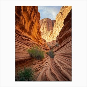 Sandstone Canyon Hugged Closely By Time With Intricate Curves Of Erosion Building Fluid Trails Down Canvas Print