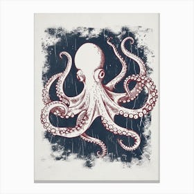 Red & Navy Octopus Linocut Inspired In The Ocean 6 Canvas Print