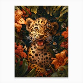 A Happy Front faced Leopard Cub In Tropical Flowers 19 Canvas Print