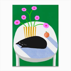 Black Cat And Pink Flowers Canvas Print