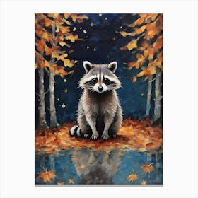 Cottagecore Baby Raccoon in an Autumn Forest - Acrylic Paint Little Fall Raccoon on a Full Moom with Falling Leaves at Night, Perfect for Witchcore Cottage Core Pagan Tarot Celestial Zodiac Gallery Feature Wall Beautiful Woodland Creatures Series HD Canvas Print