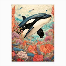Orca Whale And Flowers 8 Canvas Print