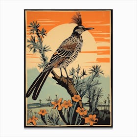 Vintage Bird Linocut Roadrunner 2 Canvas Print