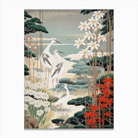 Snowdrop And Cranes Vintage Japanese Botanical Canvas Print