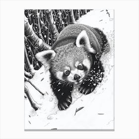 Red Panda Cub Sliding Down A Snowy Hill Ink Illustration 2 Canvas Print