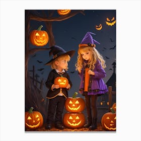 Children With Halloween Pumpkins 2 Canvas Print