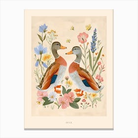 Folksy Floral Animal Drawing Duck 3 Poster Canvas Print