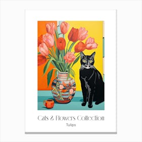 Cats & Flowers Collection Tulip Flower Vase And A Cat, A Painting In The Style Of Matisse 0 Canvas Print