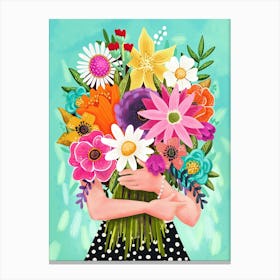 Woman Holding a Colorful Bouquet of Flowers Illustration Canvas Print
