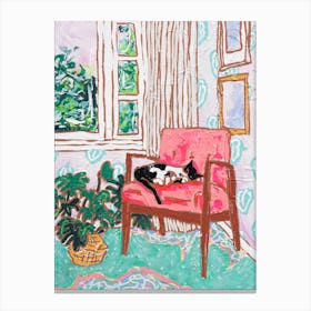 Mid Century Chair With Napping Tuxedo Cat Painting Canvas Print