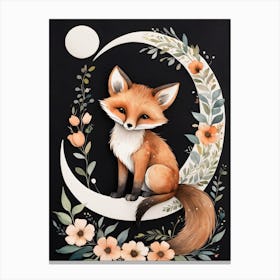 Floral Cute Fox Watercolor Moon Paining (9) Canvas Print