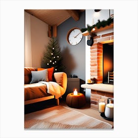 Christmas Living Room With Fireplace Canvas Print