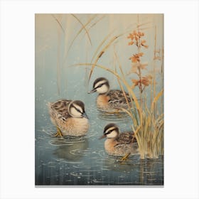 Ducklings Swimming In The Water Japanese Woodblock Style 2 Canvas Print