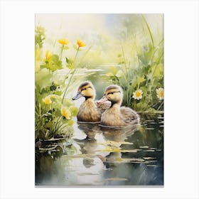 Ducklings In Lake Watercolour 1 Canvas Print