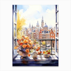 Window View Of Amsterdam Netherlands In Autumn Fall, Watercolour 1 Canvas Print
