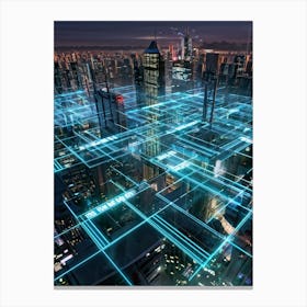 A Futuristic Cityscape Interconnected By Glowing Cyber Security Mesh Networks Represented By Pulsat (7) Canvas Print