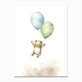 Baby Frog Flying With Ballons, Watercolour Nursery Art 4 Canvas Print