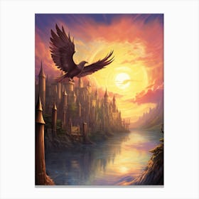 Eagle Flying Over A Castle Canvas Print