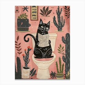 Cat On The Toilet Print Cactus Pink Bathroom Print Cat Lover Gift Funny Bathroom, Housewarming Canvas Print