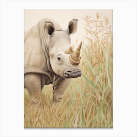 Vintage Rhino Illustration In The Grass 1 Canvas Print