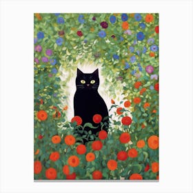 Flower Garden And A Black Cat, Inspired By Klimt 1 Canvas Print