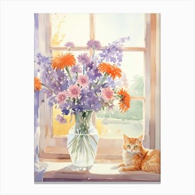 Cat With Daises Flowers Watercolor Mothers Day Valentines 3 Canvas Print