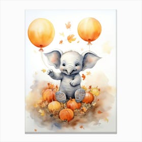 Elephant Flying With Autumn Fall Pumpkins And Balloons Watercolour Nursery 7 Canvas Print