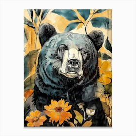 Black Bear With Flowers animal art 1 Canvas Print